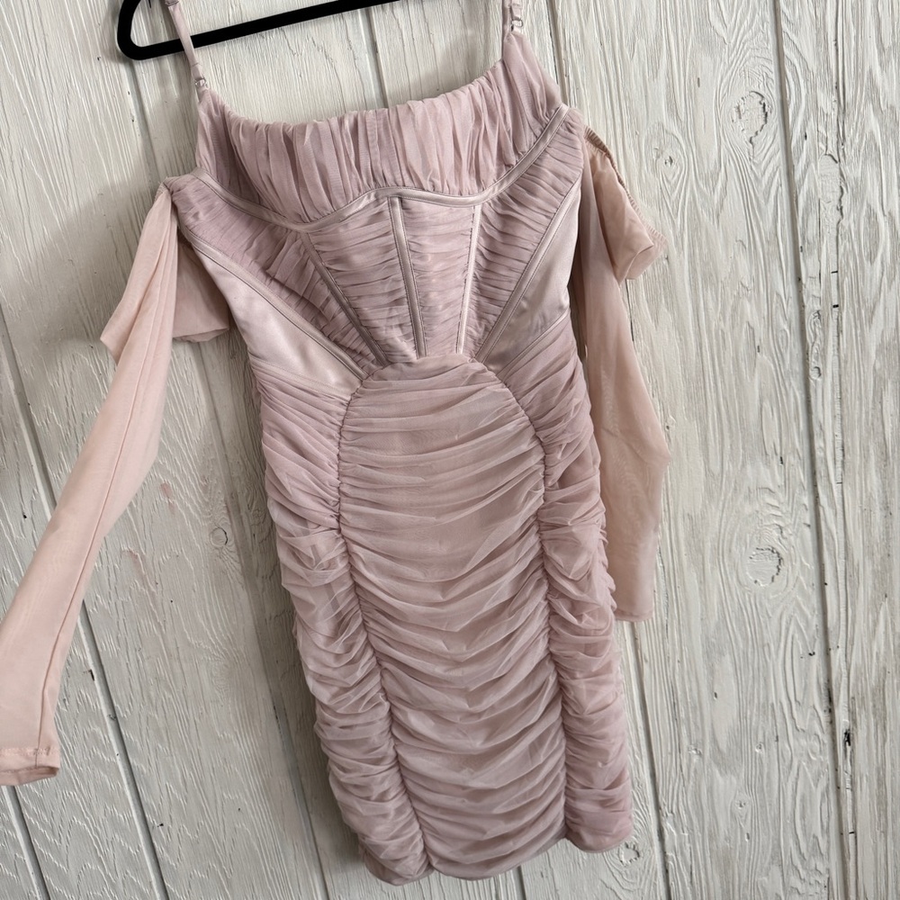 House of CB Blush Pink Long Sleeve Ruched Midi Dress - Picture 6 of 12